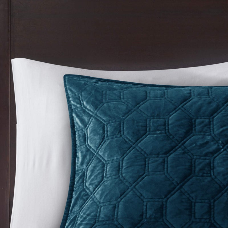 Madison Park Harper Quilt Set Velvet Casual Geometric Stitching Design All Season, Lightweight Coverlet, Cozy Bedding, Matching Shams, Full/Queen(90"x90"), Teal 3 Piece - Image 5